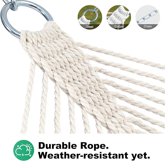 Gafete Rope Hammock 2 Person Traditional Hand Woven Outdoor Cotton Hammocks with Hardwood Spreader Bar, Max 450 lbs Capacity (Natural Beige, Large)