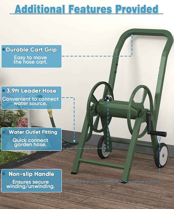 Artigarden Garden Hose Reel Cart with Wheels, Holds 165 ft of 5/8’’ Hose Outdoor Heavy Duty Powder-coated Steel Water Storage Winder Holder with 3.9 Ft Leader Hose for Outside Lawn Yard, Green