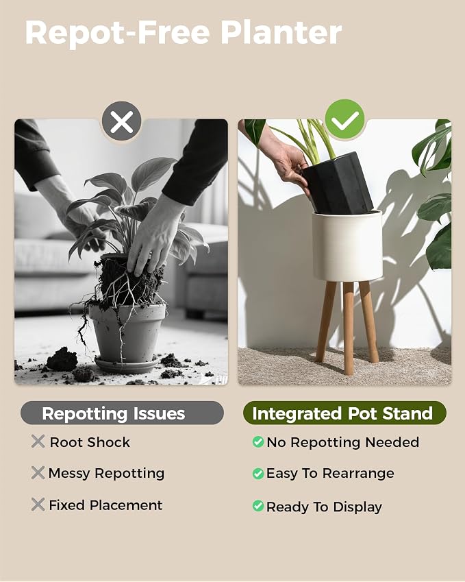 Bamworld Single Plant Holder for Indoor Plants Metal Planter Stand Wooden Leg White Plant Stand Indoor Flower Pot Stand 7in Plant Pot with Stand for Living Room Office Bedroom Decor Modern Home Decor Small