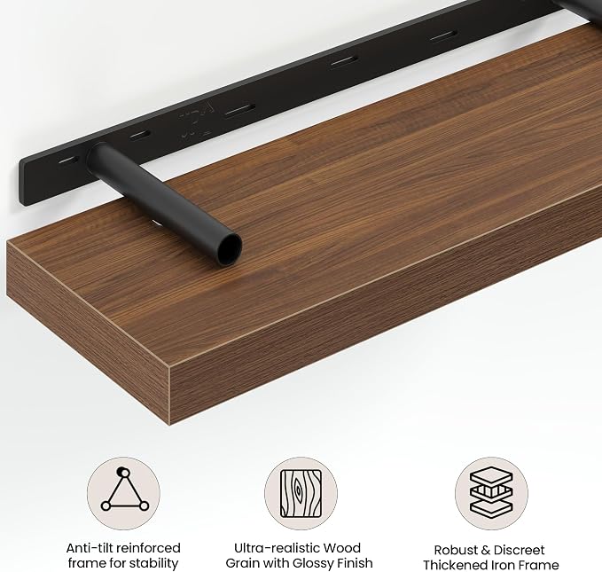 Vivelove 24 Inch Floating Shelves Wall Mounted for Display, 6.5 Deep Duty Shelves with Invisible Brackets for Living Room,Bedroom,Kitchen, Bathroom Storage & Decor,24" Wx6.5 Dx1.4 H - Walnut