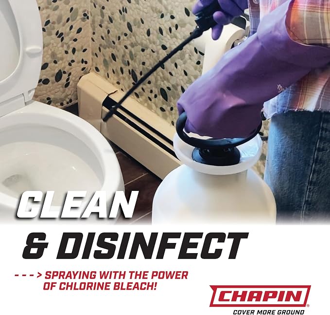 Chapin 1-Gallon Bleach Sprayer, Built for Disinfecting Tasks | Chemical-resistant tank and seals; ideal for mold removal, disinfecting and cleaner applications with nozzle and 40-in hose