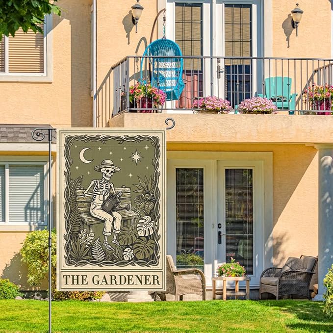 The Gardener Garden Flags for Outside, Gothic Garden Flag for Plant Lover, Spooky Yard Banner for Gardener, Funny Skeleton Planting Lawn Yard Sign Decor, Halloween Gifts for Family Friends