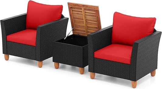 Tangkula 3 Pieces Patio Porch Furniture Set, PE Rattan Wicker Chair Conversation Set with Cushions and Storage Table, Outdoor Acacia Wood Bistro Set for Garden, Poolside (Red)
