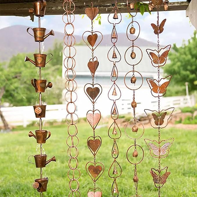 Hanging Rain Chains, Creative Kettle/Heart/Butterfly/Ring/Bell Style Link Rain Chain with Metal Chains for for Office Window Stone Wall Decorative Wall Art Ornaments (Butterfly Style)
