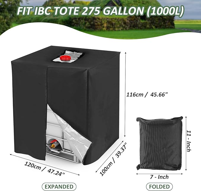 MECCANIXITY Zipper IBC Tote Cover 275 Gallon, 210D Oxford Waterproof Sunshade Rain Barrel Water Tank Protective Cover for 1000L Outdoor Garden, (39.37 x 47.24 x 45.66 Inch, Black)