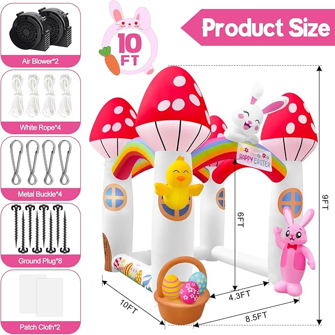Kalolary 10FT Easter Inflatables Bunny Archway, Stereoscopic Mushroom House Arch Inflatable with Built in LED Lights Blow Up Tunnel Easter Outdoor Yard Decoration for Holiday Party Garden Lawn Decors