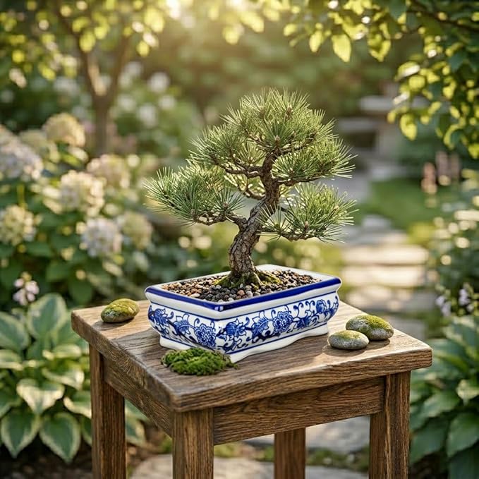 Set of 2 Blue & White Ceramic Bonsai Pots, 7.4" & 4.9" Rectangular Bonsai Planters Pots with Drainage for Outdoor Decor, Small Shallow Bonzie Tree Pot for Succulents, Cacti, Orchids, Herbs Plant Pot