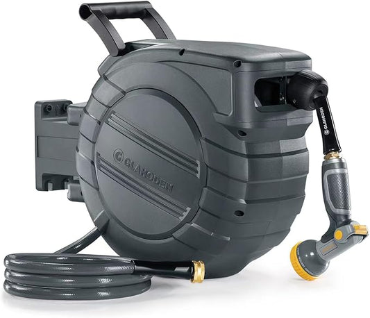 GLAHODEN Retractable Garden Hose Reel 1/2 in x 100 ft, 2025 Upgraded Dual Ratchet Lock UV & Freeze Protection Brass Seal Slow Retraction Anti-Tangle Hose 180°Swivel Reinforced Scaffold Wall Mount