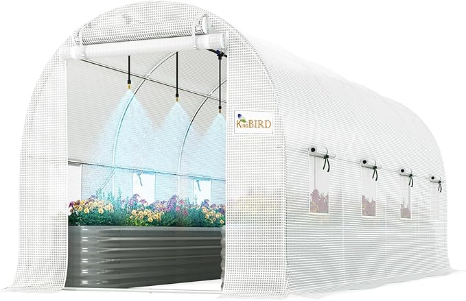 KING BIRD Premium 15x7x7 FT Greenhouse for Outdoors, Large Walk-in Heavy Duty Galvanized Steel Frame, Mesh Door Screen Window Tunnel Hoop Garden Plant Winter Hot House with Irrigation Kit, White