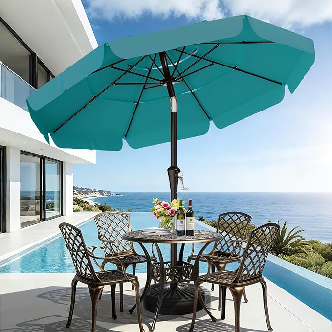 AreShark 9FT 3-Tiers Patio Umbrella with Valance, Outdoor Umbrellas with Crank/Tilt, Table Market Umbrella Vented w/ 8 Sturdy Ribs for Garden, Deck, Backyard, and Pool, Lake Blue