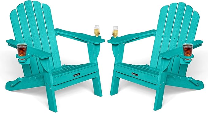 Adirondack Chairs Set of 2, Wood Texture Fire Pit Chairs, Plastic Adirondack Chairs with 2 Cup Holder, Outdoor Lawn Chair for Patio Garden, Lake Blue