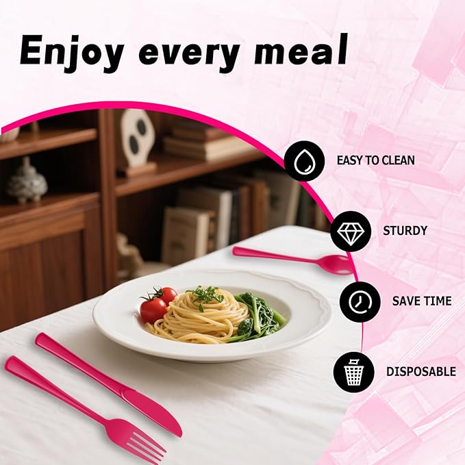 Plastic Silverware 300 PCS Disposable Silverware Heavy Duty Utensil Sets 100 Of Each Forks Knives & Spoons Disposable Cutlery Set For Easter,Birthday,Baby Shower,Garden Party,Wedding(300,Hot Pink)