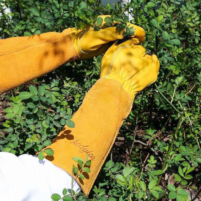 Acdyion Thorn Proof Gardening Gloves for Men & Women, Long Cowhide Leather Rose Pruning Gloves with Forearm Protection, Puncture Resistant Gauntlets for Cacti, Blackberries & Yard Work(yellow,X-small)