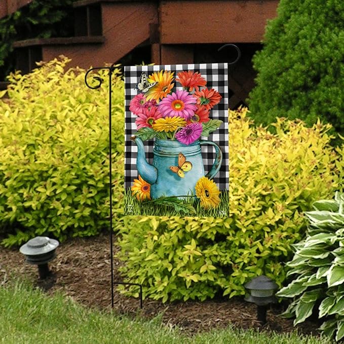 Gerber Daisy Watering Can Spring Garden Flag Checkered 12.5" x 18" Briarwood Lane