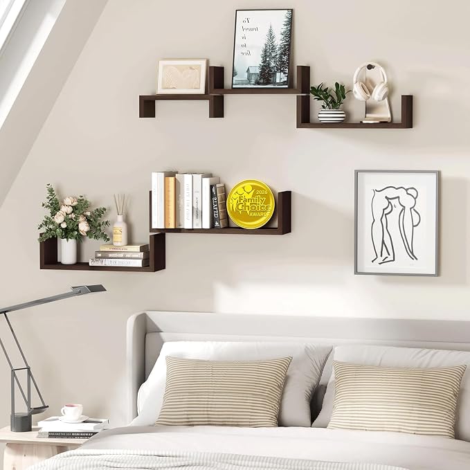 SRIWATANA Dark Walnut Floating Shelves, 5-Piece Set Wood Wall Storage Unit | Versatile Wood Shelves in 5 Different Sizes; Flexible DIY Layout to Fit Any Space in Bathroom, Bedroom, or Kitchen