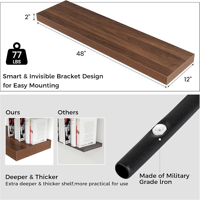 48 Inch Floating Shelves for Wall, 12"D Wood Storage Shelves, Walnut Finish