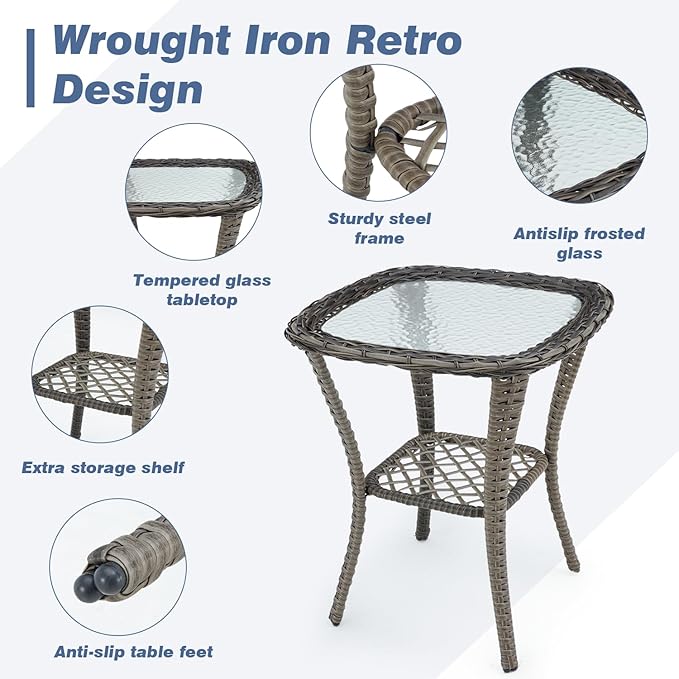 MELLCOM 5 Pieces Patio Furniture Set, Outdoor Swivel Rocker Patio Chairs with Ottomans, Wicker Conversation Set with Rocking Chairs and Glass Coffee Table for Backyard, Navy Blue