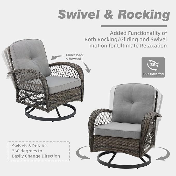 MELLCOM 3 Pieces Patio Furniture Set, Outdoor Swivel Rocker Patio Chairs, Wicker Patio Bistro Set with Rocking Chair, Thickened Cushions and Glass Coffee Table for Backyard, Garden, Grey