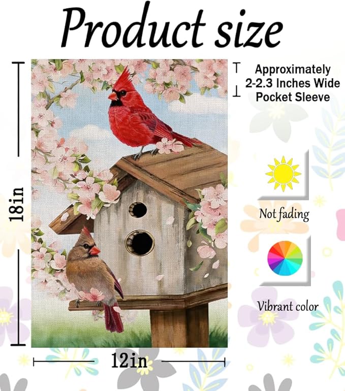 Spring Cardinal Bird Garden Flag 12x18 Inch Double Sided Burlap for Outdoor Party Pink Flowers Tree Summer Holiday Farmhouse Decor