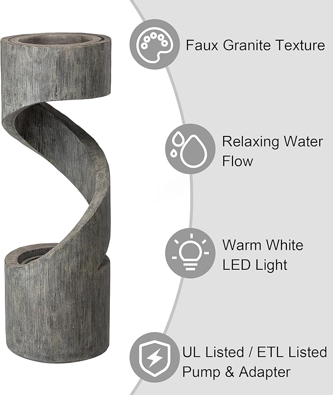 Glitzhome Outdoor Water Fountain, 40" H Polyresin Outdoor Fountain Spiral Shaped Waterfall Fountain with Pump and LED Lights, Modern Garden Fountain Water Feature for Patio, Backyard, Deck Decor