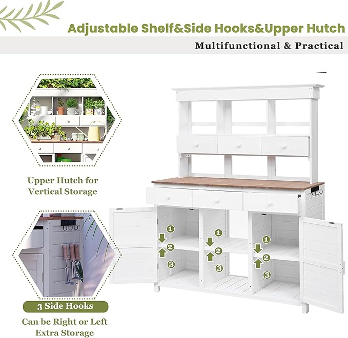 RUNNA 65.7'' H Tall Garden Potting Bench Table with Hutch,Patio Storage Workstation with 3 Shelves,6 Drawers,2 Bottom Cabinets&Side Hooks for Mudroom,Doorway (White@024, 65.7)