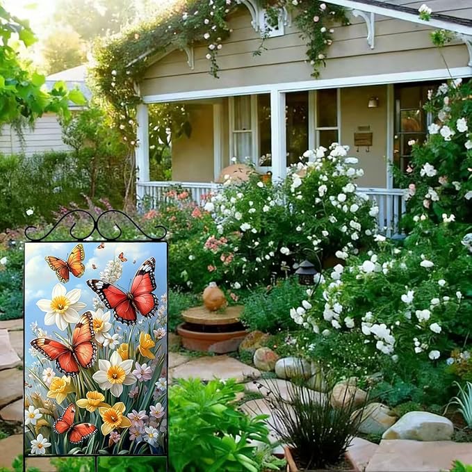 Large Spring Summer Garden Flags for Outside 28 x 40 Double Sided, Burlap Spring Summer House Flag, Large Outdoor Yard Flags Butterfly Daffodil Floral Decorations Farmhouse Patio Garden Decor
