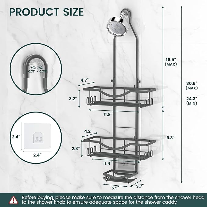 REINHARDT Adjustable Shower Caddy Hanging Rustproof Shower Organizer, Grey | Shower Caddy Over Showerhead, Extra Long, No Drilling, Anti-Slip, Fast Draining, Soap Holder, 12 Hooks, Bathroom Accessories