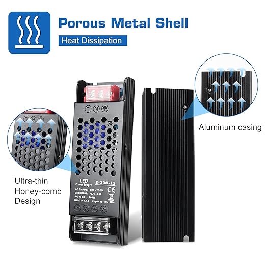 12V Power Supply 100W 8.3A Slim LED Driver, AC 100-250V to DC 12V Switching Power Supply, Constant Voltage Transformer for LED Strip Lights, Cabinet Lighting, CCTV Camera