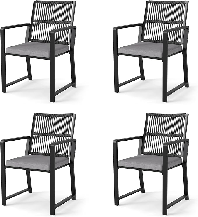 Outdoor Patio Wicker Rattan Dining Chairs, Heavy-Duty Wrought Iron Frame Supports 300lbs, Ergonomic Backrest, Detachable Breathable Cushion, for Garden & Porch, Black, Set of 4