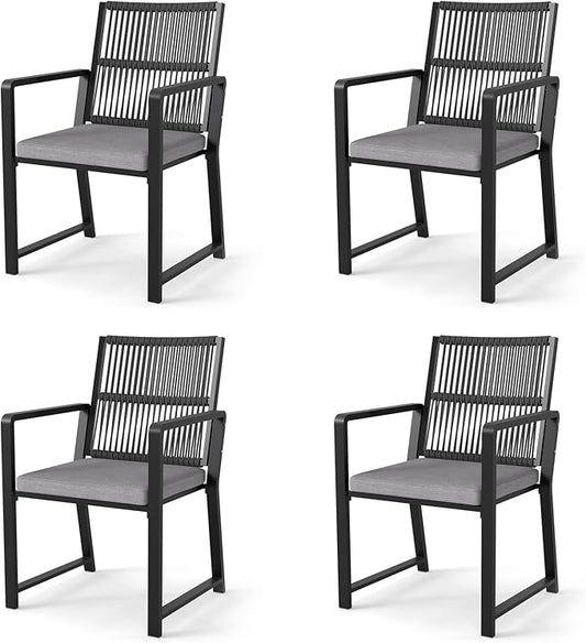 Outdoor Patio Wicker Rattan Dining Chairs, Heavy-Duty Wrought Iron Frame Supports 300lbs, Ergonomic Backrest, Detachable Breathable Cushion, for Garden & Porch, Black, Set of 4