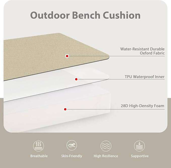Favoyard Outdoor Bench Cushion 48 x 18 Inch Waterproof Patio Furniture Cushions 3-Year Color Fastness Garden Sofa Settee Couch Swing Pads with Handle and Attach Ties, Beige
