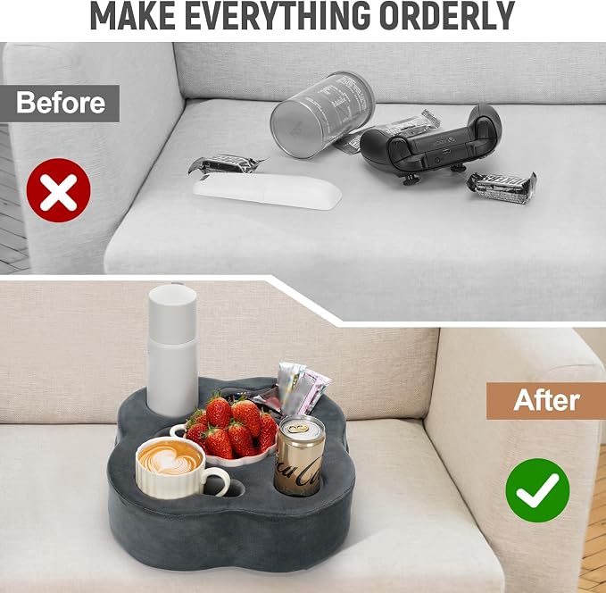 Couch Cup Holder Pillow, Sofa Organizer Caddy, Grey, 12x12x3.7Inch | Tray Pillow, Sofa Pillow Drink Tray Bed Refreshment Caddy for iPad, Drinks, Remotes, Phones, Snacks, Removable, Washable