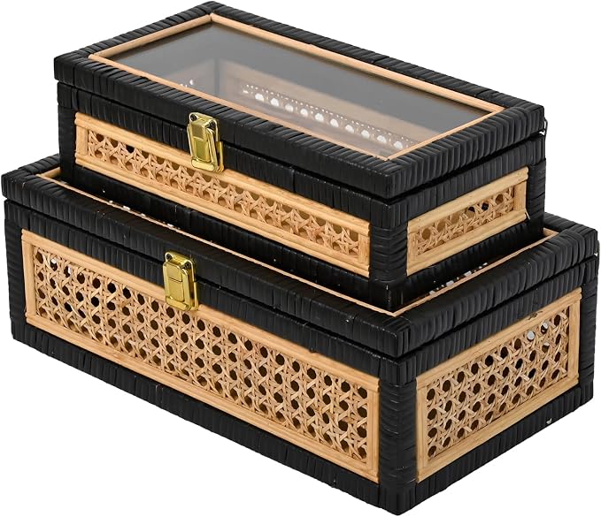 Black Rattan Decorative Wood Storage Boxes with Glass Lids Set of 2 | Ribbed Display Cases with Cane Weave & Solid Base – Nesting Coffee Table Organizer for Boho Chic Home Decor, Keepsakes