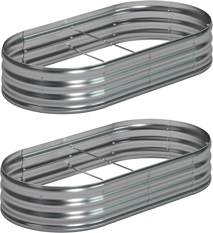 Foxlang 8x4x1ft(2 Pack) Galvanized Oval Raised Garden Bed,Outdoor Planter Box Metal Patio Kit Planting Bed for Vegetables Flowers Herb,Silver