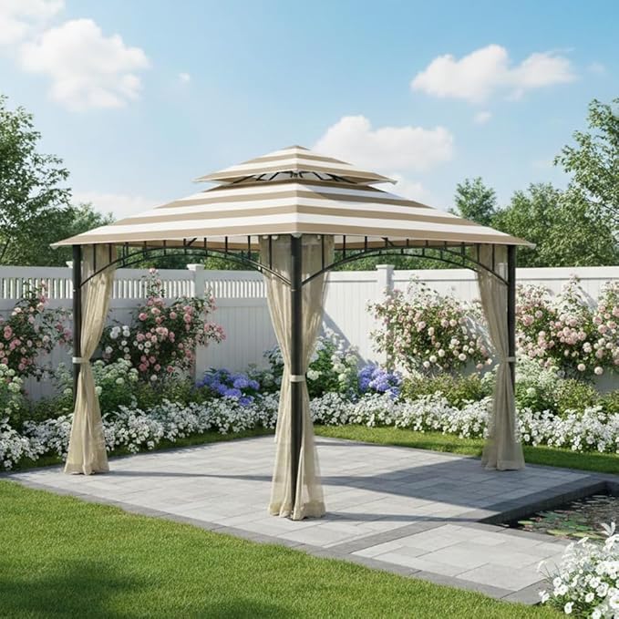 Garden Winds Durable 350 Replacement Canopy Top Compatible with Madaga 10’ x 10’ Gazebo Models L-GZ136PST, L-GZ136PST-7, L-GZ136PST-2 - Cabana Beige
