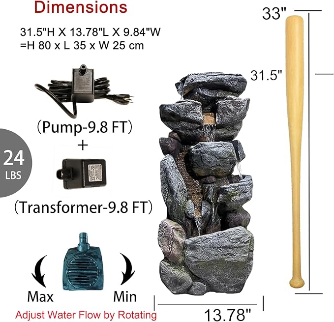 Bumilgar Water Features Outdoor Patio 6-Tier Cascading Rock Water Fountain 31.5''Water Fall Fountain Outside Resin Fountain with Light Mossy Rock Floor Garden Fountain Indoor for Relaxation Home Decor
