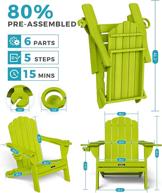 AEesdom Adirondack Chairs Set of 2, HDPE Material Fire Pit Chairs, Plastic Adirondack Chairs with 2 Cup Holder, Outdoor Lawn Chair for Patio Garden, LemonGreen