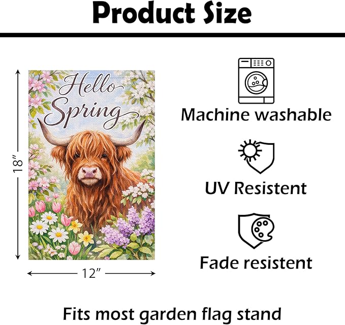 Heyfibro Hello Spring Highland Cow Garden Flag 12x18 Inch Double Sided Floral Farmhouse Yard Flag for Outside House Porch Seasonal Spring Outdoor Decorations