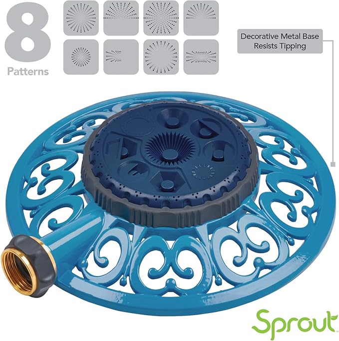 Melnor 65102-AMZ Sprout Metal 8-Pattern Sprinkler and QuickConnect Product Adapter Amazon Bundle, Blueberry Blue