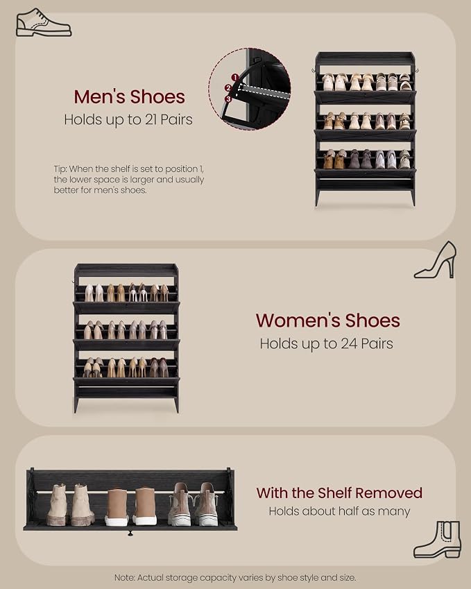 VASAGLE Narrow Shoe Storage Cabinet Organizer with 3 Flip Drawers
