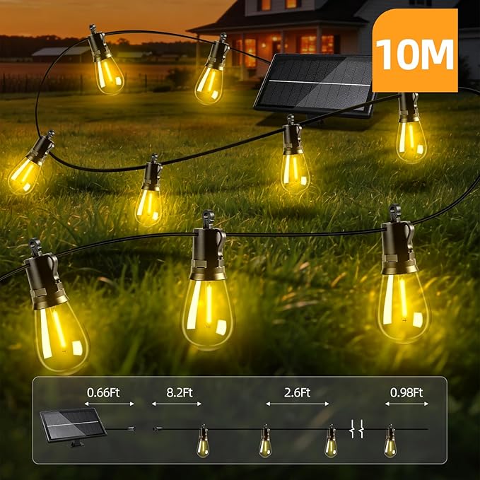 Solar Lights Outdoor Patio Lights: S14 10M 33FT Solar Powered 3 Light Modes Solar Waterproof Light - Shatterproof Bulbs - Camping Backyard Garden Deck Outside Yard