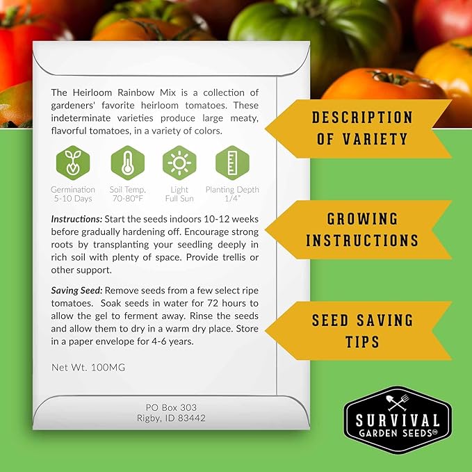 Heirloom Rainbow Mix Tomato Seeds for Planting - Colorful Heirloom Tomato Seed Variety Pack, High Yield Garden Tomatoes, Non-GMO Open Pollinated - Survival Garden Seeds (2 Pack)