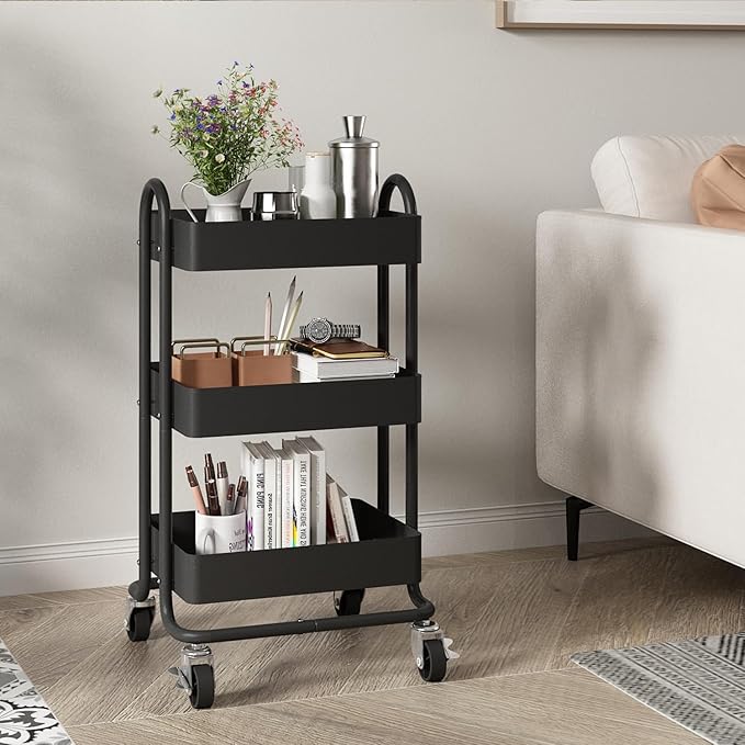 Metal Rolling Cart,3-Tier Metal Rolling Cart with Wheels,3 Tier Utility Cart with Wheels for Office,Home,Kitchen,Garden（13.4"x18.1"x31"） Black