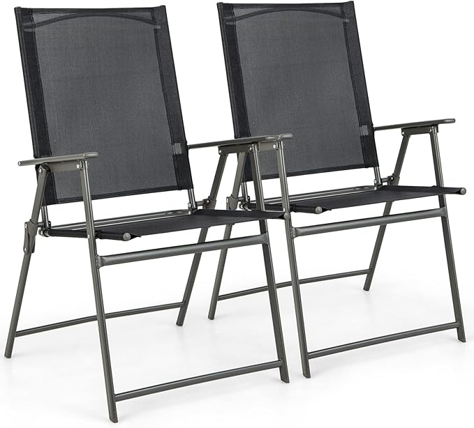 Tangkula Set of 2 Patio Folding Chairs, High Back Dining Chairs with Weather-Resistant Fabric, No Assembly, Outdoor Portable Metal Lawn Chairs with Armrests & Footrest for Garden