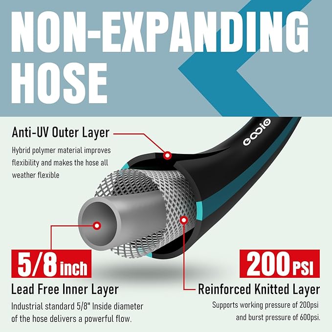 Heavy Duty Garden Hose 100 ft, NON-EXPANDABLE Water Hose with 10 Function Spray Nozzle, Lightweight Kink-less Hybrid Hose with Swivel Handle, Male to Female Fittings