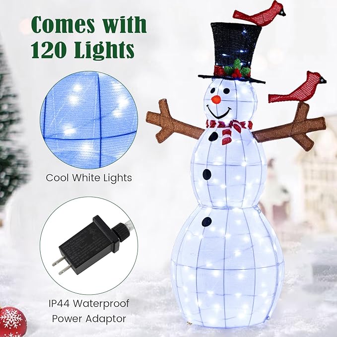 Tangkula 4.8 FT Christmas Lighted Snowman with Red Birds, Indoor Outdoor Pre-Lit Xmas Snowman with 120 LED Lights, Zip Ties & Ground Stakes, Snowman Holiday Decoration for Front Porch, Yard, Garden