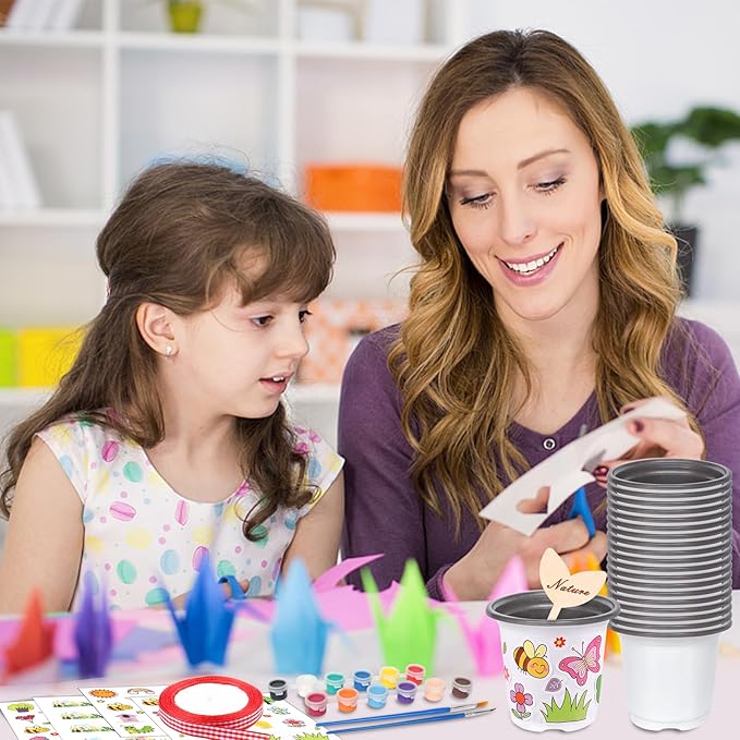 Garden Plastic Pot Craft Kit 32 Nursery Pots with 32 Stickers 32 Plant Labels 4 Painting Tools and 1 Ribbon for Mother's Day Flower Plant Spring Graduation DIY Crafts Painting Gardening Growing Tools