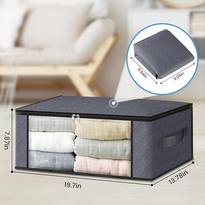 HomeHacks Storage 4-Pack Clothes Organizer Storage Bags Foldable Storage Box with Large Clear Window Sturdy Handles for Closet, Dorm, Pillows, Bedding, Clothes, Stuffed Toys, Blankets, Grey