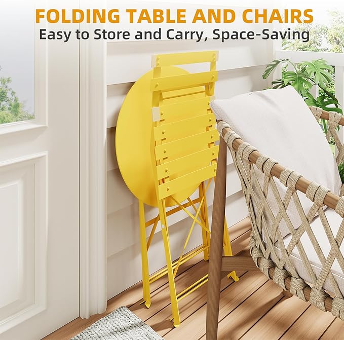 3-Piece Folding Bistro Set, 2 Chairs and 1 Coffee Table, Space Saving Weather-Resistant Frame, Portable Indoor/Outdoor Patio Furniture Conversation Set for Garden Porch Balcony Deck - Yellow