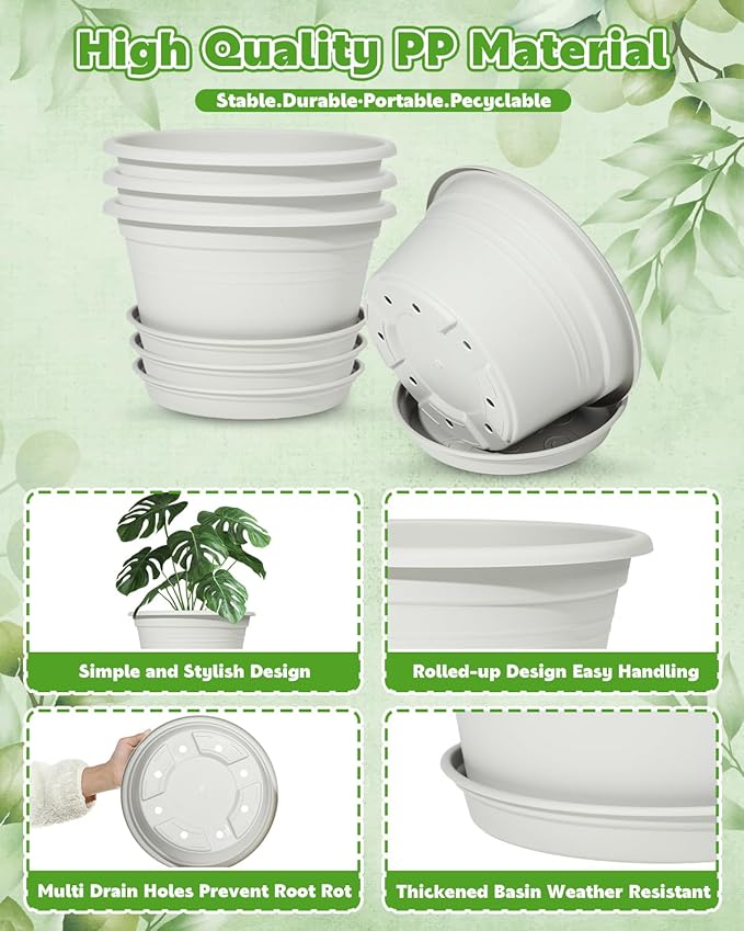 VIDELLY 10 Inch Flower Pots 4-Pack, Plastic Planters with Drainage Hole & Tray, Indoor Outdoor Plant Pots for House Plants, Garden, Patio, Office, Home Decor – Modern Decorative Plant Containers
